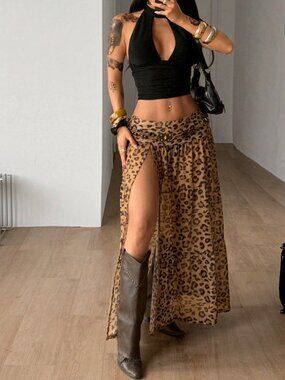 Brown Boho Women's Leopard Print Split Thigh Flared Long Skirt